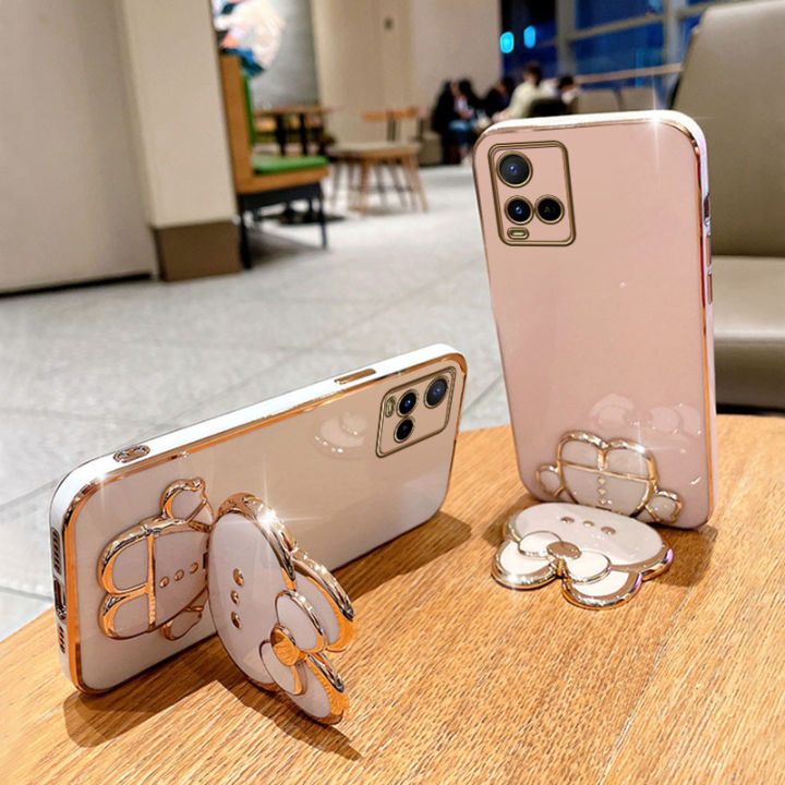 jiefie-น่ารักกระต่ายเคสโทรศัพท์สำหรับ-vivo-y21-y21s-y33s-y21a-y21t-y33t-y53s-y51-y31โครเมี่ยมสุดหรูชุบกล่องสี่เหลี่ยมจตุรัสแต่งหน้า-tpuนิ่มชนิดใสโทรศัพท์-ขาตั้ง