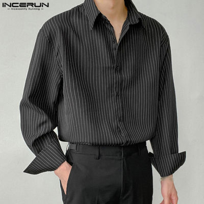 เสื้อยืดสำนักงานกระดุมเสื้อครอปลายแถบสไตล์เรโทรแขนยาวเสื้อชายฝ้าย INCERUN (สไตล์เกาหลี)
