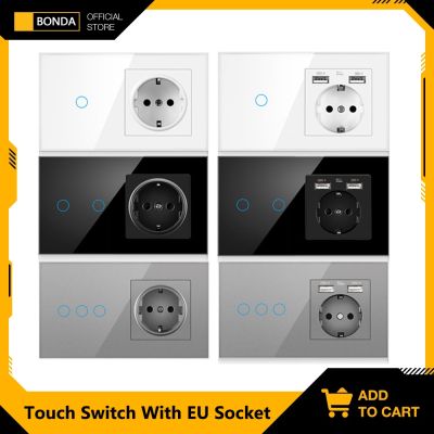 ₪✹ BONDA Touch Light Switch 220V with EU Power Wall USB Sockets Led Lamp Wall Sensor Switches 1/2/3Gang 1Way Crystal Crystal Glass