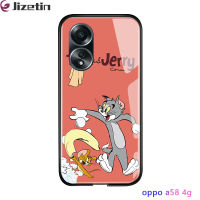 Jizetin OPPO A58 4G เคสลายการ์ตูนสำหรับผู้หญิง,เคสฝาหลังกระจกนิรภัยมันวาวกันกระแทก