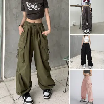 Women Retro Purple Cargo Pant High Waist Wide Leg Loose Casual