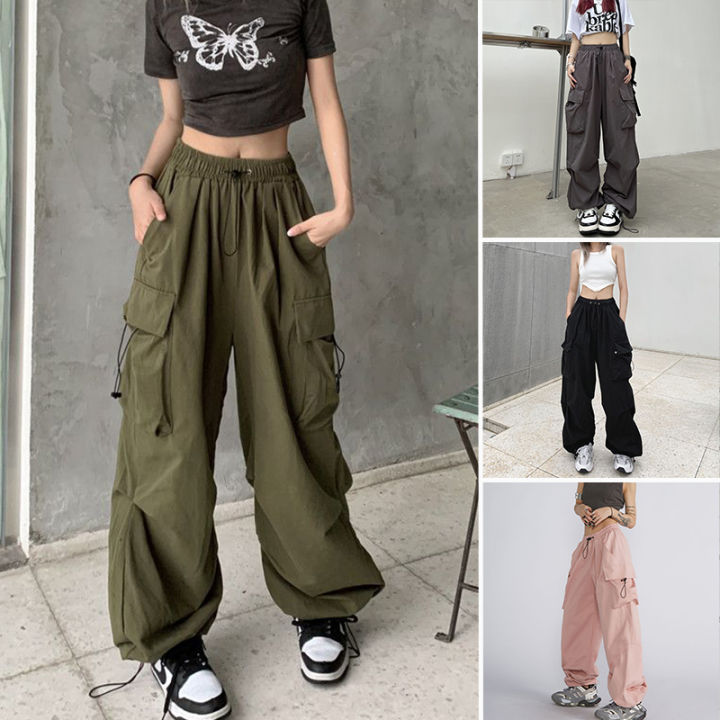 Plus Size Retro High Waist Cargo Pants Women Casual Wide Leg Straight ...