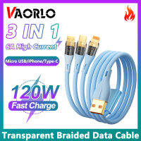 VAORLO 3 IN 1สายชาร์จเร็ว1.2M/1.8M 6A 120W ชนิด C สายถ่ายโอนข้อมูลโปร่งใสไมโคร USB สายตัวชาร์จไลท์นิ่งสามารถใส่ได้กับ iPhone IOS สำหรับหูฟังสมาร์ทโฟนพลังงานสำรอง