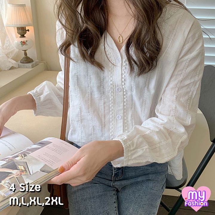 myf-มาใหม่-เสื้อแฟชั่นแขนยาวลูกไม้ฉลุ-คอวี-น่ารักสไตล์เกาหลี