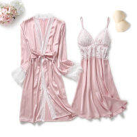 2PCS Lace Robe Gown Sets Womens Strap Nightgown Spring New Satin Nighty Bathrobe Sleep Suit y With Chest Pads Sleepwear