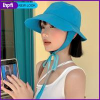 LHPFI หน้าแสดง หมวกสายรัด ปีกกว้างกว้าง การป้องกันแสงแดด หมวกชาวประมงหมวก แฟชั่นสำหรับผู้หญิง พร้อมสาย หมวกอ่างน้ำ สำหรับผู้หญิง