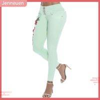 JN Birthday Gift Denim Women High Waist Floral Embroidery Pencil Jeans Skin-friendly for Office