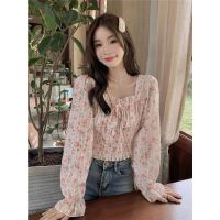 ✐¤ 62024 Korean Style Loose Long Sleeve Sweet Square Neck Floral Short Shirt