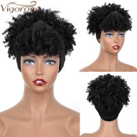 Synthetic Black Curly Synthetic Headband Wig for Women Short Black Wigs with Bangs Afro Puff Wigs Head Wrap Wig Daily or Party