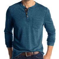 Mens Henley Collar Long Sleeved T-Shirts Solid Casual Top Single Breasted Pocket Tshirt Soft Comfy Bottoming Shirt For Autumn QF-05