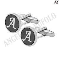 ANGELINO RUFOLO Cufflink(คัฟลิงค์) ดีไซน์ Alphabet กระดุมข้อมือคัฟลิ้งโรเดียมคุณภาพเยี่ยม ตัวเรือนสีเงิน/เทาเข้ม