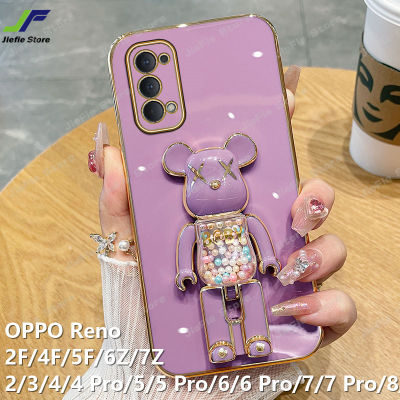 JieFie ของเล่นน่ารักหมีเคสโทรศัพท์สำหรับ OPPO Reno 2F / 4F / 5F / 6Z / 7Z / 8T / 2 / 3 / 4 / 4 Pro / 5 / 5 Pro / 6 / 6 Pro / 7 / 7 Pro / 8 / 8 Pro / 9 / 9  Pro Square Chrome-Plated Soft TPU Phone Cover + Stand
