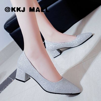 KKJ MALL Womens Single Shoes 2021 Autumn All-match Golden Pointed High Heels Thick Heel Sequin Shallow Mouth Square Heel Womens Shoes Professional Shoes