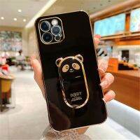 เคสโทรศัพท์ขาตั้งพับได้แบบเคลือบรูปแพนด้าน่ารักสำหรับ iPhone 14 Pro 11 12 13 Pro Max Mini 7 8 Plus SE XR X XS Max เคสซิลิโคนแบบนิ่ม