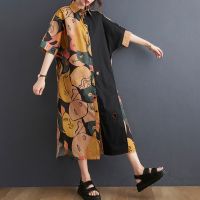 【YF】  3517 Spliced Color Short Sleeve Shirt Dress Women Turn-down Collar Irregular Printed Retro Loose Summer