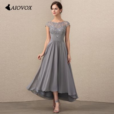 【YF】 AIOVO Mother of the Bride Dress Lace Appliques O Neck Elegant Wedding Guest Dresses for Women Pleat Bridesmaid Ankle Length Gown