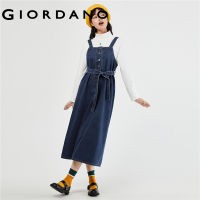 GIORDANO Women Dresses Tie Waist Half Button Denim Dresses Calf Length 100% Cotton Fashion Casual Strap Denim Dresses 13463661