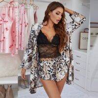 Leopard Print Robe Set Womens Summer / Autumn Sleepwear Suit 3pcs Lounge Wear Belted Bathrobe with Cami Shorts