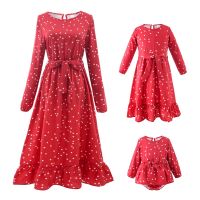 【YF】 NEW Family Matching Outfits Mom Girl Dress Look Baby Daughter Dreeses Summer Holiday Solid Color Dot Print