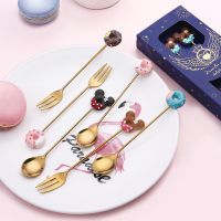 2Pcs Stainless Steel Lollipop Doughnut Spoon Fork Cake Coffee Dessert Tea Ice Cream Stirring Spoons Candy Cute Cartoon Teaspoon