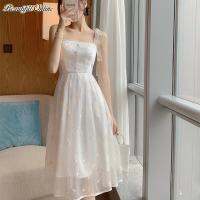 ผู้หญิง Fairy Floral Suspender Dress ปิดไหล่ White Fairy Sling Dress