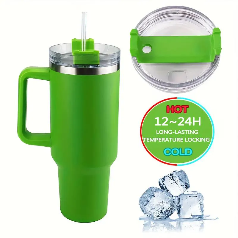 1pc 40oz Handle Drinking Tumbler With Straw And Lid Stainless