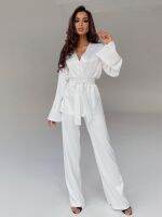 Solid Color Pajamas For Women Robe Sets Full Sleeves Womens Home Clothes Trouser Suits Satin Nightgowns Spring 2022 Loungewear