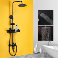 【LZ】●○  Yanksmart conjunto de sistema chuveiro do banheiro preto fosco torneira do banho e prateleira de armazenamento torneira do chuveiro conjunto misturador do chuveiro combinação kit