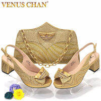 Venus Chan 2022รองเท้าแต่งงานสำหรับผู้หญิงอิตาลีออกแบบ Rhinestone ส้นสีทองพรรคเซ็กซี่สุภาพสตรีรองเท้าและกระเป๋าชุด ~