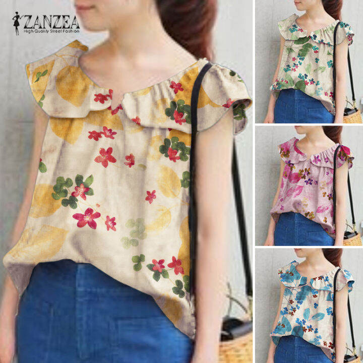 สินค้ามาใหม่-จัดส่งฟรี-เสื้อสายเดี่ยวคอวี-zanzea-ผู้หญิงวินเทจหลวมพิมพ์ลายดอกไม้เสื้อเด็กแขนกุด-camisoles-7