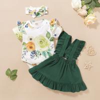 Newborn Baby Girl Summer Clothes Set Cotton Floral Fly Sleeve Short Sleeve Romper Solid Ruffle Strap Skirt Floral Bowknot Headband 3Pcs Outfit