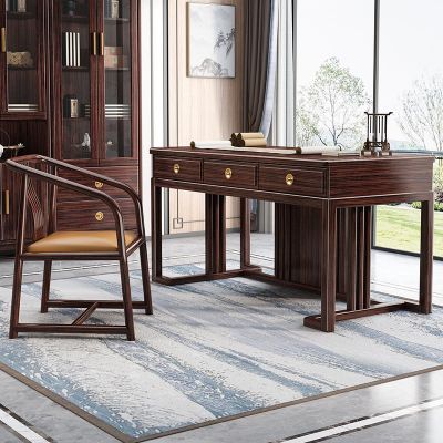 ♘✷ gold sandalwood solid desk and chair combination modern new Chinese style home study calligraphy computer