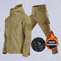 Waterproof Fishing Clothes Men Winter Hooded Jackets Pants Suit Camping Hiking Hunting Trousers Windproof Elastic Softshell Warm