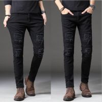 CODluba03411 INS Men Jeans High Street Original Hole Design Mens New Mens Jeans Stretch Casual Small Feet Slim Fit Denim Jeans Mens Black Jeans Ripped Slim Small Feet Teen Mid Waist Trousers Jeans