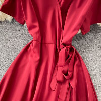 Casual Mid-length A-line Dresses for Women Korean Summer Hepburn Style Puff Sleeve V-neck Dress