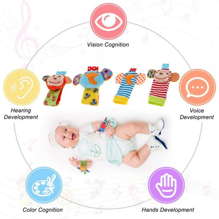aov-ที่ครอบเขย่าแล้วมีเสียงสำหรับเด็กทารก4ชิ้นที่ปลอกยางนุ่มอุปกรณ์หาเท้าสำหรับเด็กทารกของเล่นมีผิวสัมผัสพัฒนาการเด็ก