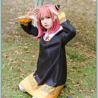 Anime Spy X Family Anya Forger Cosplay Costume Kids Adults Black Dress Kawaii Girls Women Dress Pink Wig Party Role Play Outfits