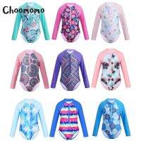 ✙✤❇ Choomomo Kids Girls Long Sleeves One-piece Swimwear 9 Patterns Printed with Front Zippers Beach Swimsuit Rash Guard Bathing Suit