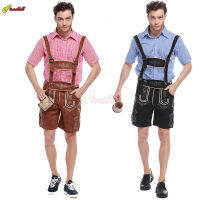 2ชิ้นชุดเยอรมันเบียร์ Okotoberfest บาวาเรียผู้ชายบุรุษ Lederhosen ผู้ใหญ่ฮาโลวีนเครื่องแต่งกายคอสเพลย์ชุดแฟนซีด้านบนกางเกง