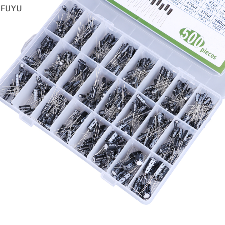 fuyu-500pcs-0-1-1000uf-24ค่าตัวเก็บประจุอลูมิเนียมอิเล็กโทรลีติค16-50v-capacitor-kit