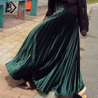 90cm Length Autumn Winter Girls Velvet Pleated Maxi Skirt Korean Ladies Elastic High Waist Casual Skirts Bottoms B0N312N