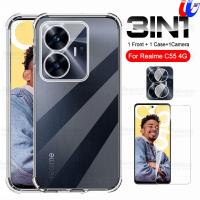 กระจกเทมเปอร์กล้อง3 In 1ใสสำหรับ Realme เคส C55ฝาครอบ Realmy C55 C 55 55C RealmeC55 6.72 "เคสโทรศัพท์มือถือขอบซิลิโคน Fundas กันกระแทก