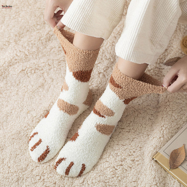 ถุงเท้าขนแกะอุ้งมือแมวน่ารักสำหรับผู้หญิงถุงเท้ารองเท้าสลิปเปอร์หัวตุ๊กตานุ่มสบายสำหรับฤดูหนาว