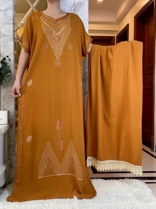 new-dubai-women-party-dress-summer-short-sleeve-dresses-with-big-lace-scarf-cotton-embroidery-loose-maxi-lady-islam-clothes