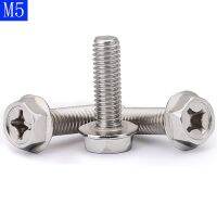 {Haotao Hardware} M5 0.8 5มม. 304สกรูสแตนเลส Phillips Hex เครื่องซักผ้า Flanged Hex Head Bolts A2