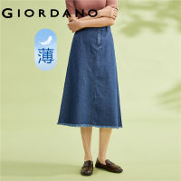 GIORDANO Women Skirts Half Elastic Waist 100% Cotton Belt Denim Long Skirts Frayed Hem Fashion Casual Denim Skirts 13463210