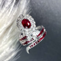 Ruby Diamond Ring แหวนเพชรทับทิม ทับทิมแท้สีแดงสด ประดับเพชรแท้ ทรงกลม น้ำ96-97 ตัวเรือนเป็นทองขาว18k