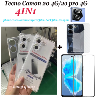 4in1สำหรับ Tecno Camon 20 Pro Camon 20เคสโทรศัพท์โปร่งใส4G + ฟิล์มกันรอยกันกระแทกเต็มหน้าจอ + สติ๊กเกอร์ติดมือถือลายแบทแมนคาร์บอนไฟเบอร์ + ฟิล์มเลนส์