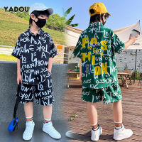 top●YADOU Boys summer wear short sleeve shirt set new trendy big kids two-piece set boy fried street sports