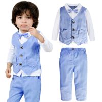 COD dsgrtytrytry Baby Boys Wedding Outfit Infant Birthday Party Formal Suit Childrens Gentleman Christening Clothes Bow Tie Stripe Set 2